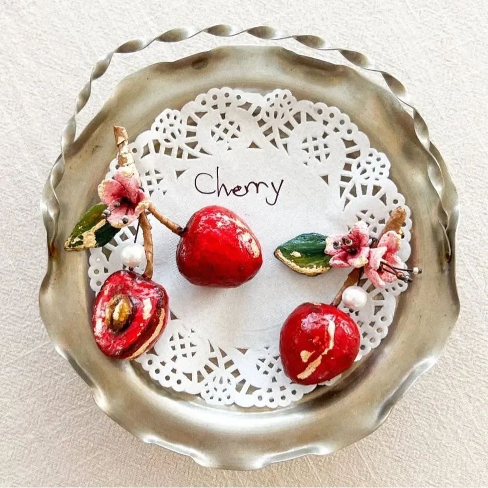 Red Cherry Earrings with Floral Accents